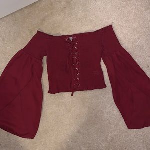 Charlotte Russe smocked off the shoulder lace up long sleeve top